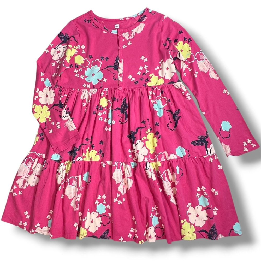 Tea Collection Girls 12 Hummingbird Floral Long Sleeve Tiered‎ Henley Dress NWT